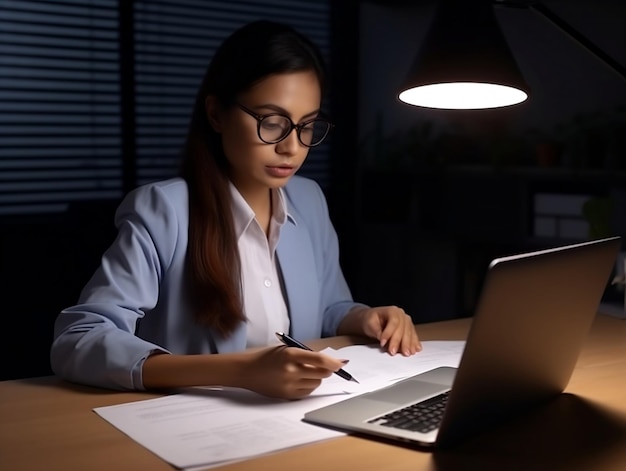 Een vrouw werkt op een laptop met een laptop open.