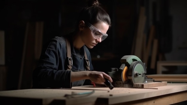 Een vrouw werkt op een stuk hout met een veiligheidsbril op.
