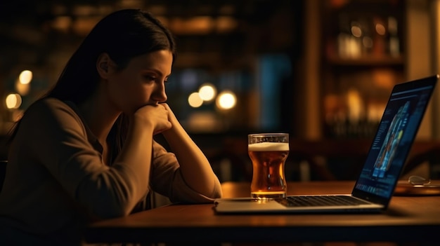 een vrouw zit aan een bar met een glas bier naast haar laptop.