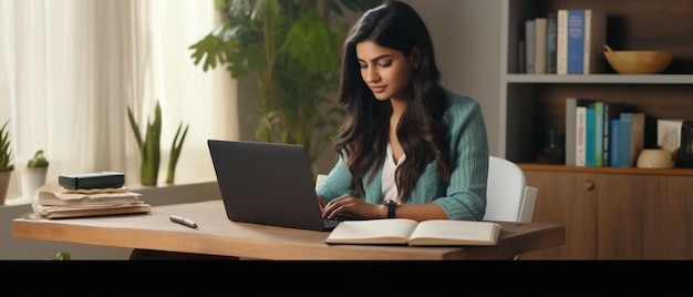 een vrouw zit aan een bureau en kijkt naar een laptop