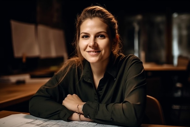 Een vrouw zit aan een bureau in een donkere kamer en lacht naar de camera.