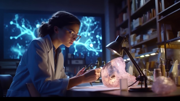 Een vrouw zit aan een bureau in een donkere kamer, met op de achtergrond een grote planeet.