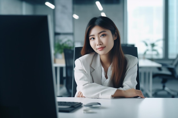 Een vrouw zit aan een bureau in een kantoor en kijkt naar een computerscherm.