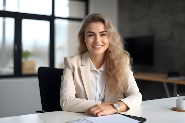 Een vrouw zit aan een bureau in een kantoor, glimlachend en kijkend naar de camera.