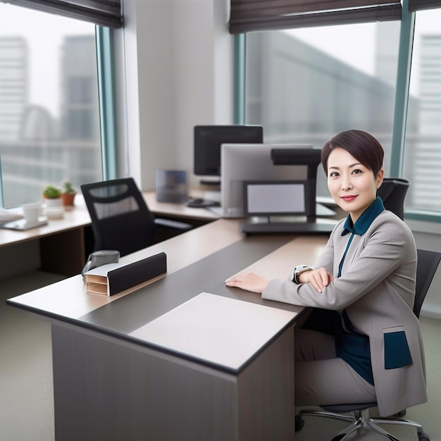 een vrouw zit aan een bureau in een kantoor met een computer en een monitor op het bureau.
