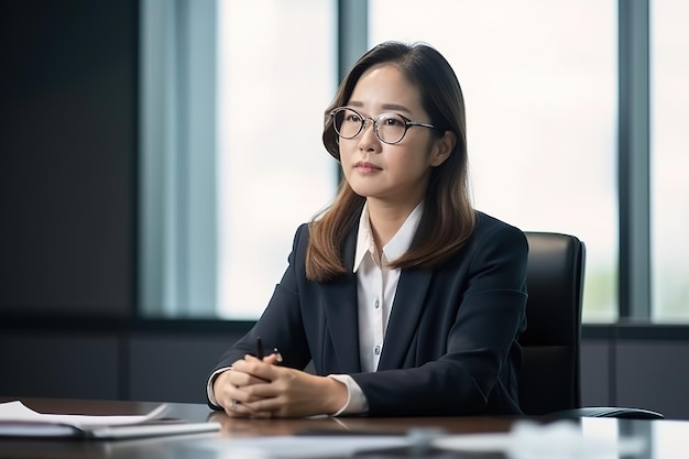 Een vrouw zit aan een bureau in een vergaderruimte