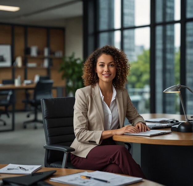 Foto een vrouw zit aan een bureau in een vergaderzaal