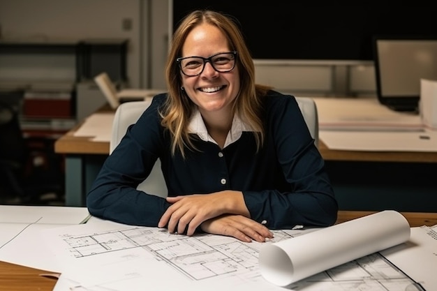 Een vrouw zit aan een bureau met blauwdrukken en een bureau voor haar.