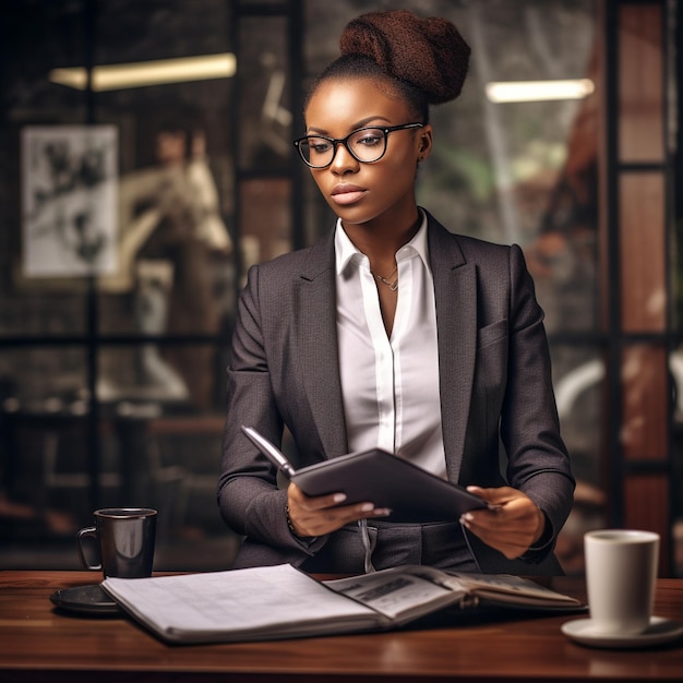 Een vrouw zit aan een bureau met een boek en een kop koffie.