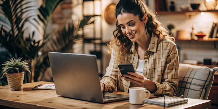 Foto een vrouw zit aan een bureau met een laptop en een mobiele telefoon.