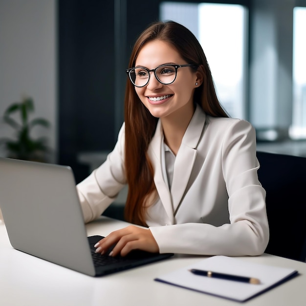 Een vrouw zit aan een bureau met een laptop en een pen naast zich.