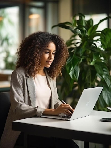 een vrouw zit aan een bureau met een laptop en een plant achter haar