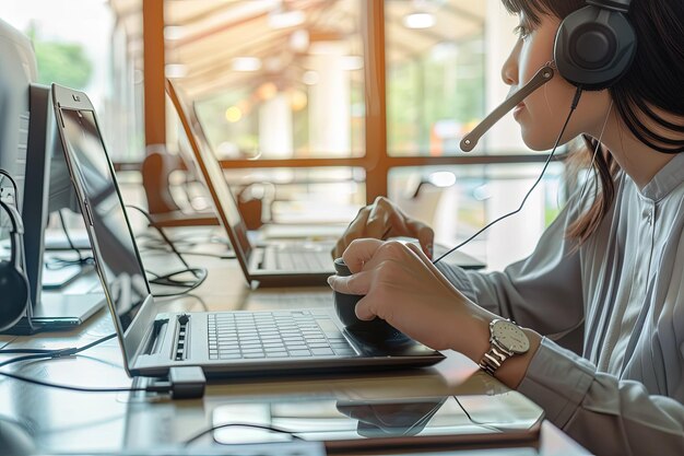 Een vrouw zit aan een bureau met een laptop en koptelefoon