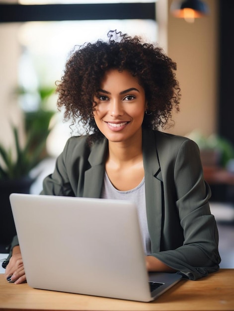 een vrouw zit aan een bureau met een laptop voor haar