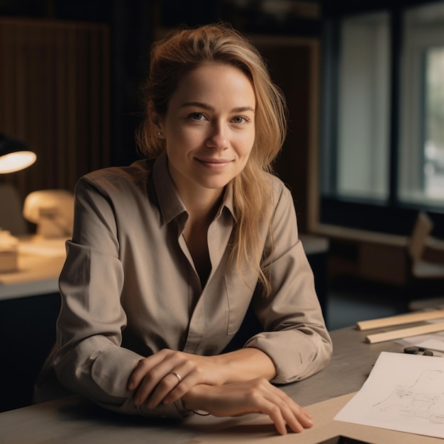 Een vrouw zit aan een bureau met een papier erop en een pen op tafel.