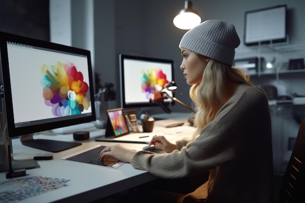 Een vrouw zit aan een bureau met twee monitoren waarop een kleurrijk logo staat.