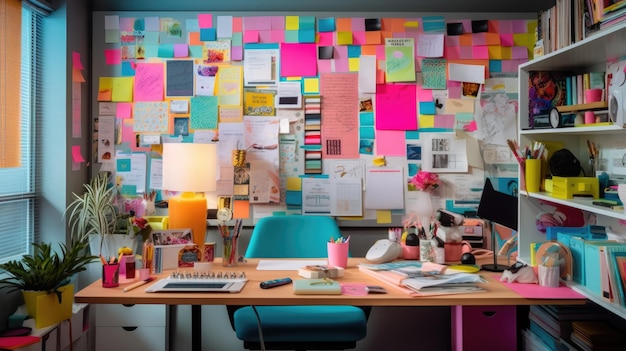 Foto een vrouw zit aan een bureau vol post-its.