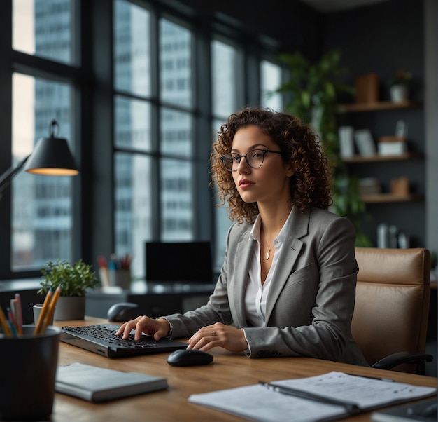 Foto een vrouw zit aan een bureau voor een computer