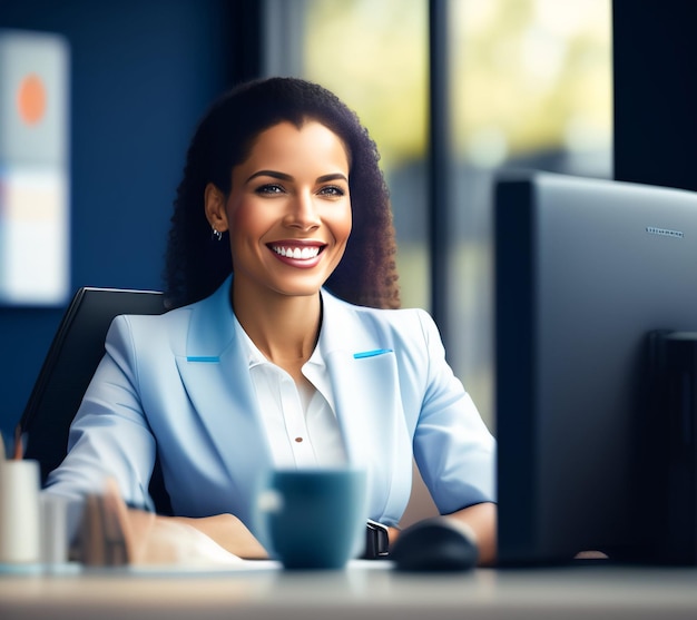 Een vrouw zit aan een bureau voor een computerscherm waarop staat 'ik ben een technologiebedrijf'