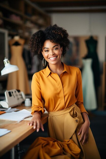 Een vrouw zit aan een bureau voor een jurk die zegt dat ze een modeontwerper is.