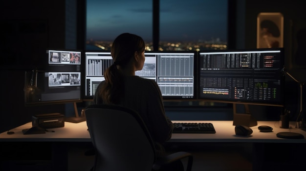 Een vrouw zit aan een bureau voor een raam met meerdere computerschermen.