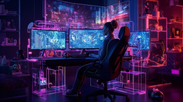 Een vrouw zit aan een bureau voor een stel computerschermen met de woorden cyberpunk op het scherm.