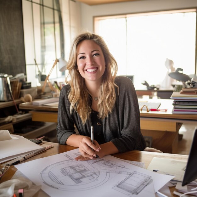 Foto een vrouw zit aan een bureau voor een tekening van een camera.