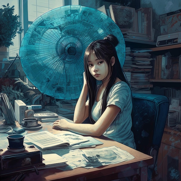 Een vrouw zit aan een bureau voor een ventilator waarop staat 'de kunstenaar is aan het werk'