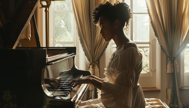 Een vrouw zit aan een piano en speelt een liedje.