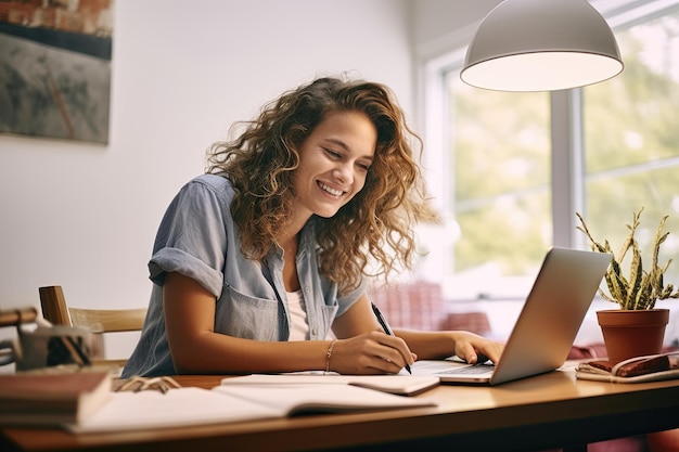 Een vrouw zit aan een tafel en concentreert zich op haar werk terwijl ze een laptop bedient. Gelukkige vrouw schrijft op een laptop op een bureaublad op de werkplek van het kantoor.