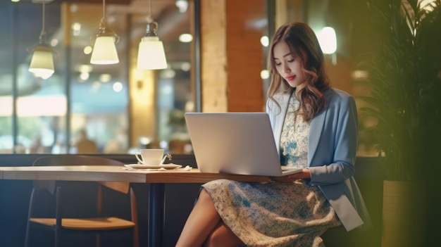 Een vrouw zit aan een tafel in een café en werkt op haar laptop.