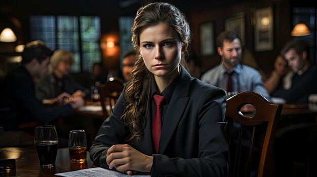 Een vrouw zit aan een tafel met een glas bier voor zich.