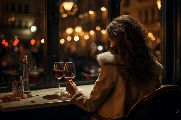 Een vrouw zit aan een tafel met een glas wijn voor een raam.