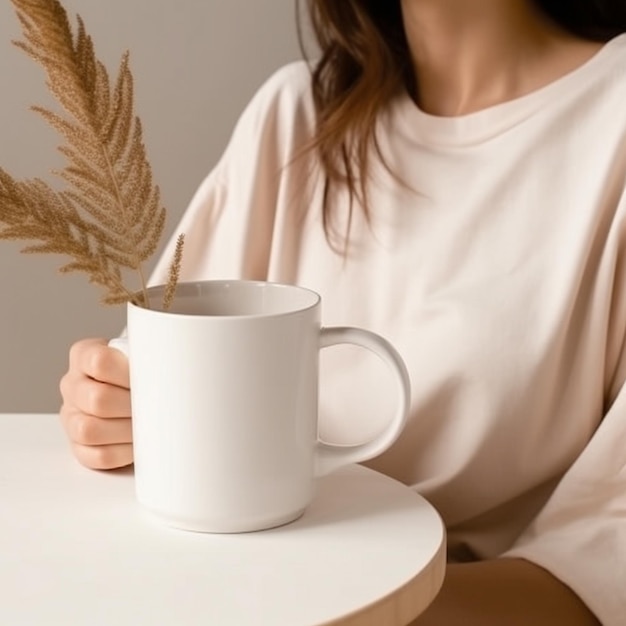 een vrouw zit aan een tafel met een kop koffie en een veer in haar hand.
