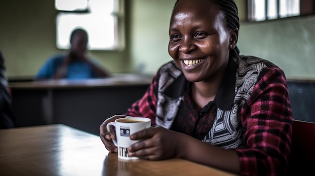 Een vrouw zit aan een tafel met een kop koffie voor zich.