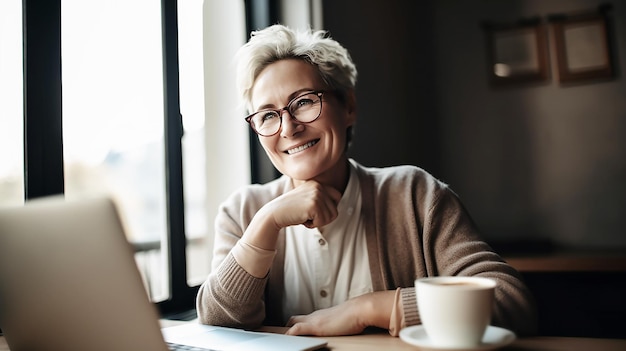 Een vrouw zit aan een tafel met een laptop en een kop koffie.