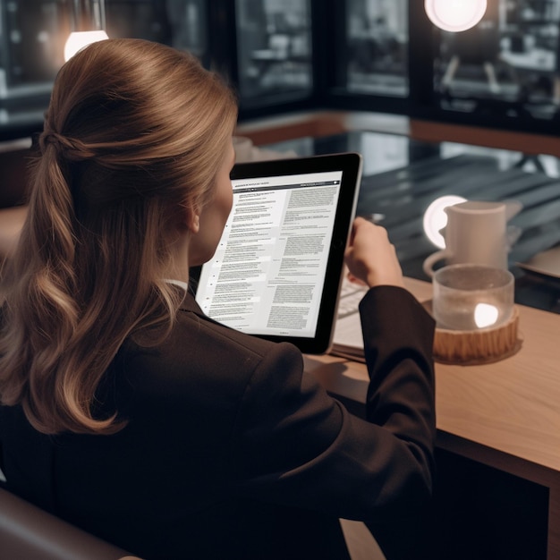 Een vrouw zit aan een tafel met een laptop en een kop koffie.