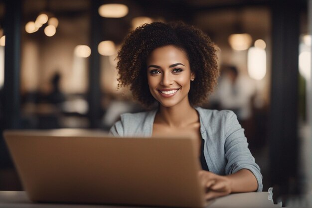 Een vrouw zit aan een tafel met een laptop voor zich.