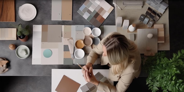 Foto een vrouw zit aan een tafel met een verfpalet en een tafel vol met verschillende kleuren.