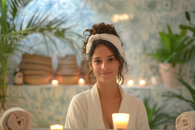 Een vrouw zit aan een tafel met kaarsen voor haar en een muur met een plant achter haar een stok