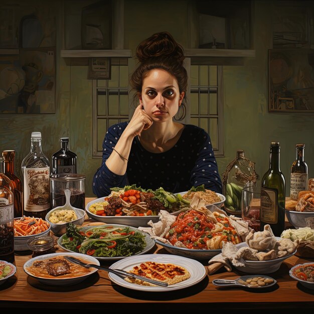 een vrouw zit aan een tafel met veel eten erop