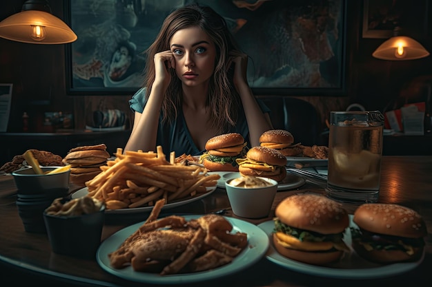 Een vrouw zit aan een tafel met veel eten.