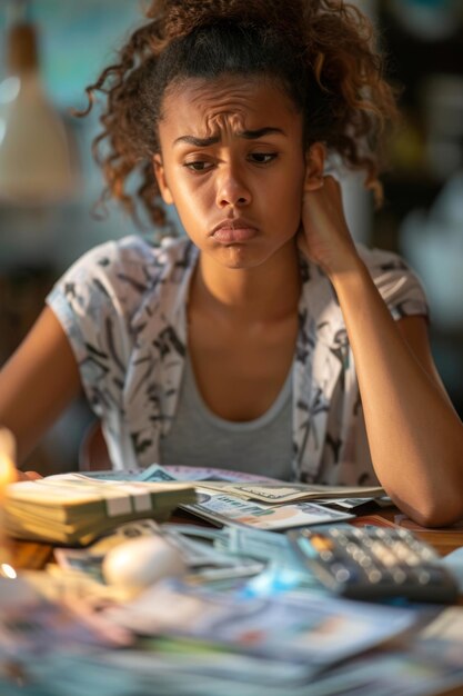 een vrouw zit aan een tafel met veel geld op haar gezicht