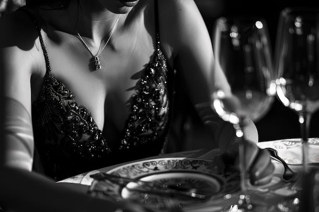 Foto een vrouw zit aan een tafel met wijnglazen
