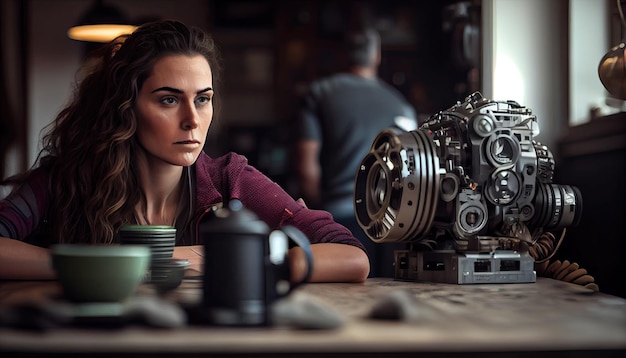 Een vrouw zit aan een tafel naast een camera