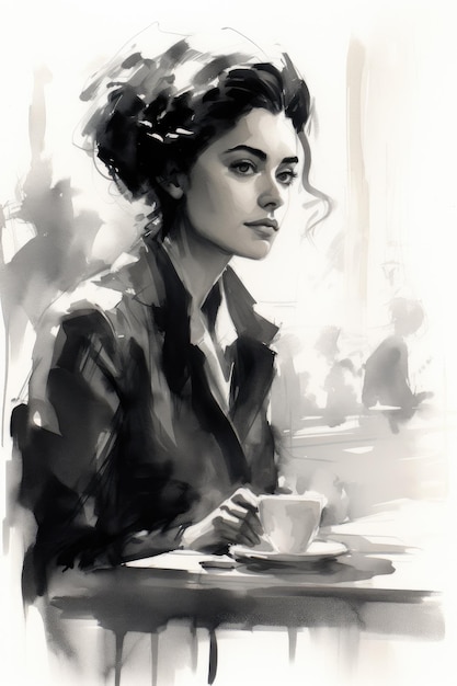 Een vrouw zit aan een tafeltje met een kop koffie