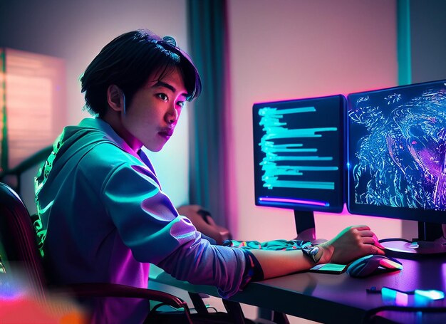 Een vrouw zit achter een computer met een neonbord met 'code' op het scherm