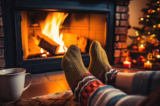 Een vrouw zit bij een gezellige kersthaard met wollen sokken aan en geniet van een warm drankje als...