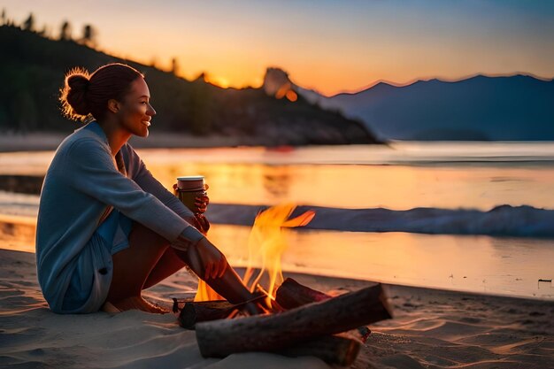 Foto een vrouw zit bij een kampvuur en drinkt een kop koffie.