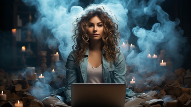 Foto een vrouw zit en werkt met een laptop.